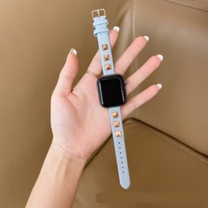 Rockstar Slim Leather Band with Rose Gold Studs for Apple Watch in Light Blue