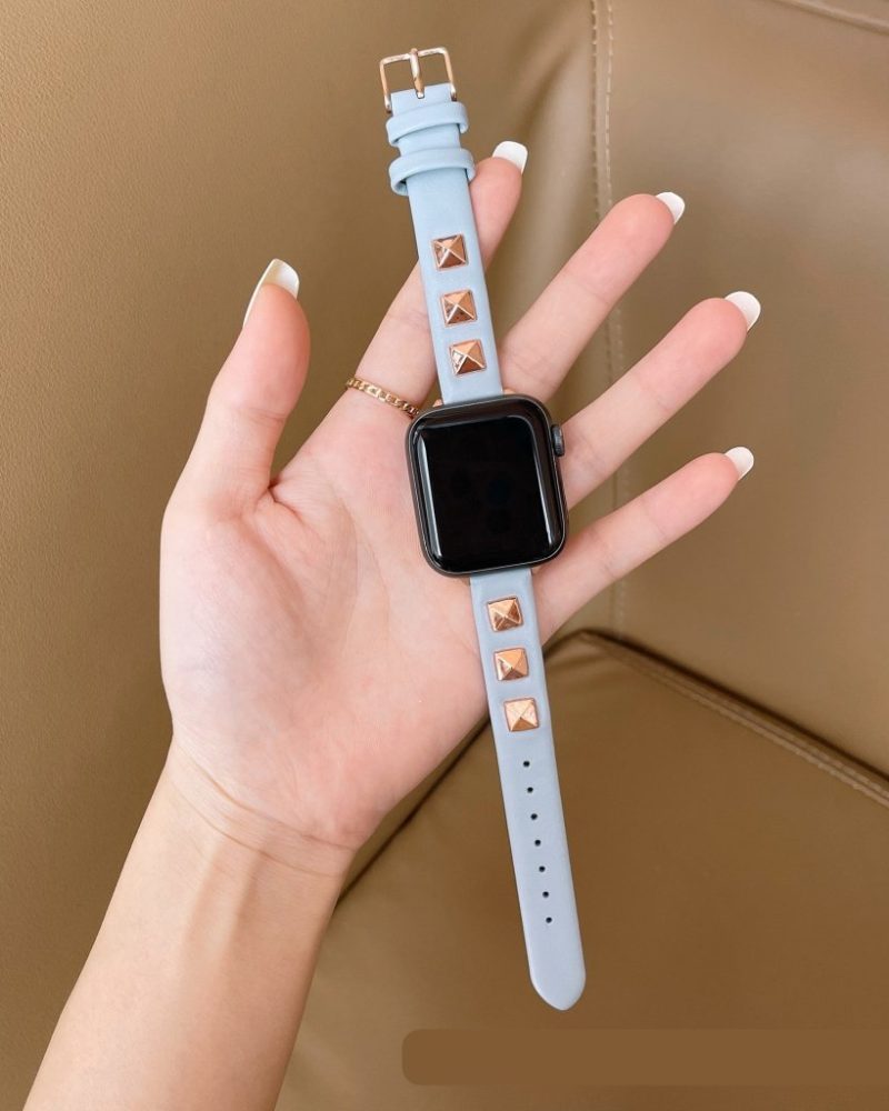 Rockstar Slim Leather Band with Rose Gold Studs for Apple Watch in Light Blue