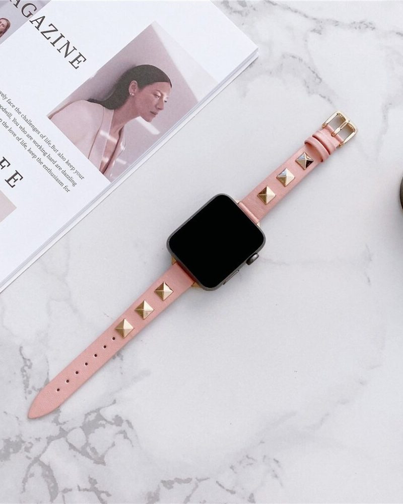 Rockstar Slim Leather Band with Rose Gold Studs for Apple Watch in Pink