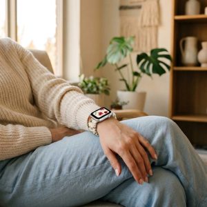 Model wearing Rose Floral Scrunchie Loop Band for Apple Watch Apple Watch band
