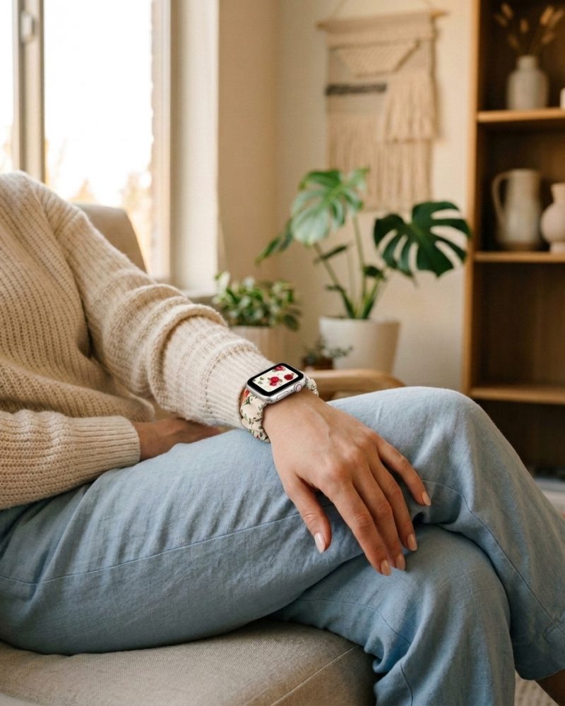 Model wearing Rose Floral Scrunchie Loop Band for Apple Watch Apple Watch band