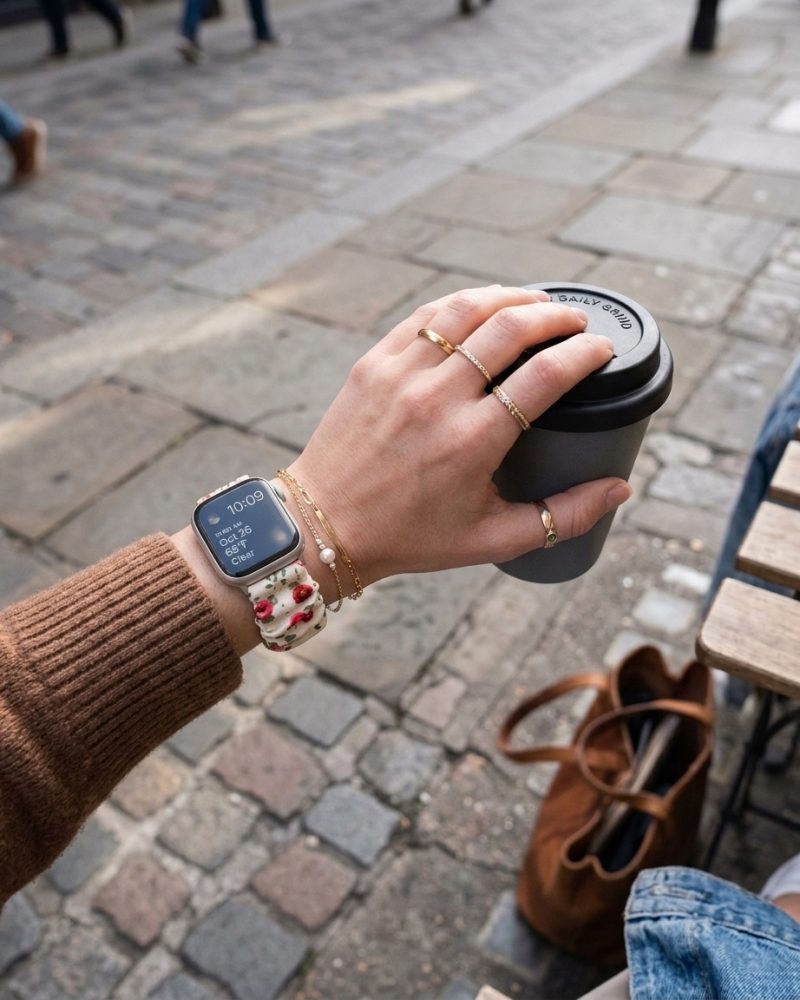 Model wearing Rose Floral Scrunchie Loop Band for Apple Watch Apple Watch band