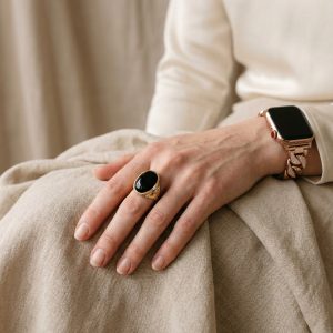 Model wearing Jersey Bracelet Band For Apple Watch – Rose Gold Apple Watch band