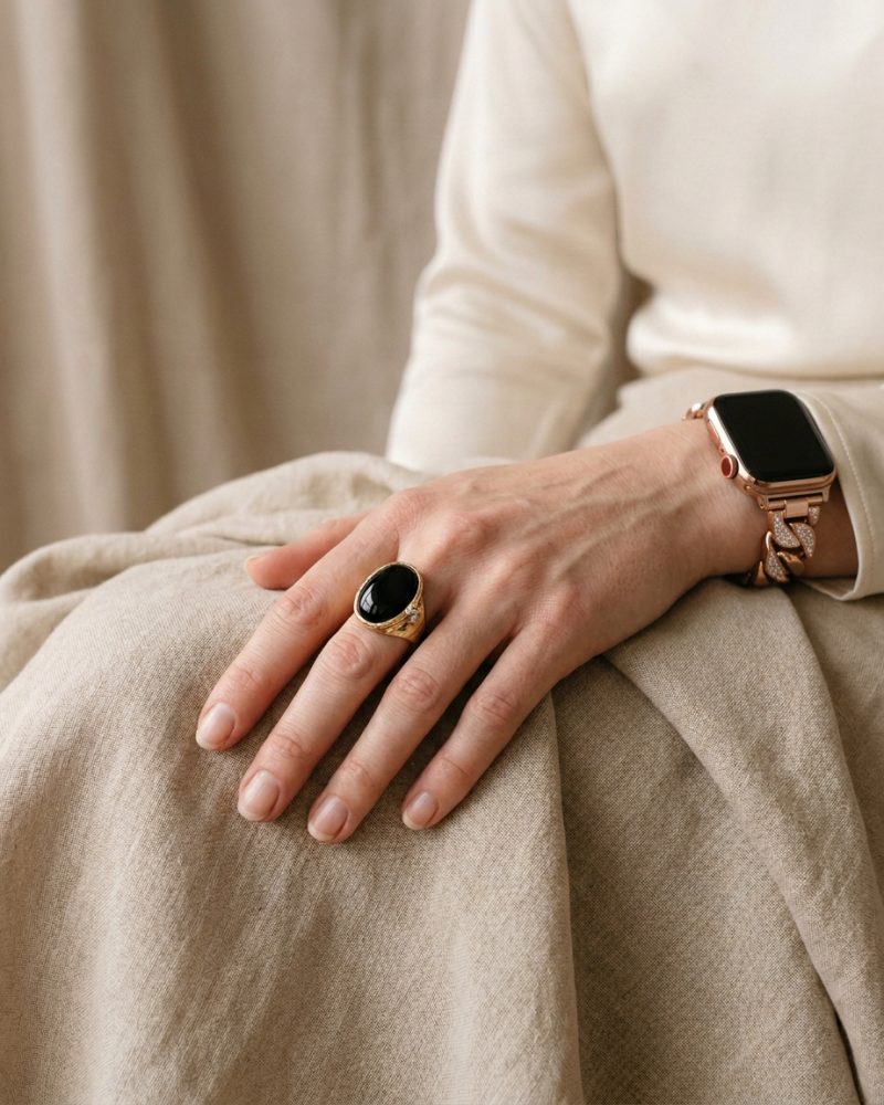 Model wearing Jersey Bracelet Band For Apple Watch – Rose Gold Apple Watch band