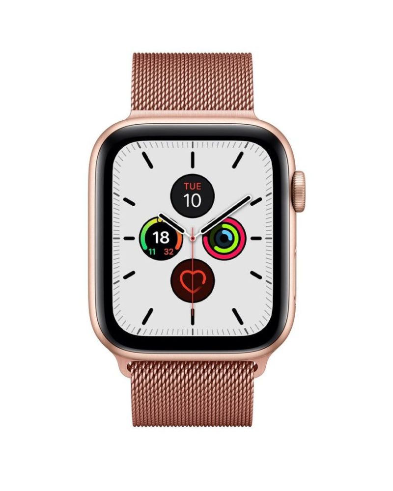 Rose Gold Milanese Loop stainless steel mesh band on gold Apple Watch