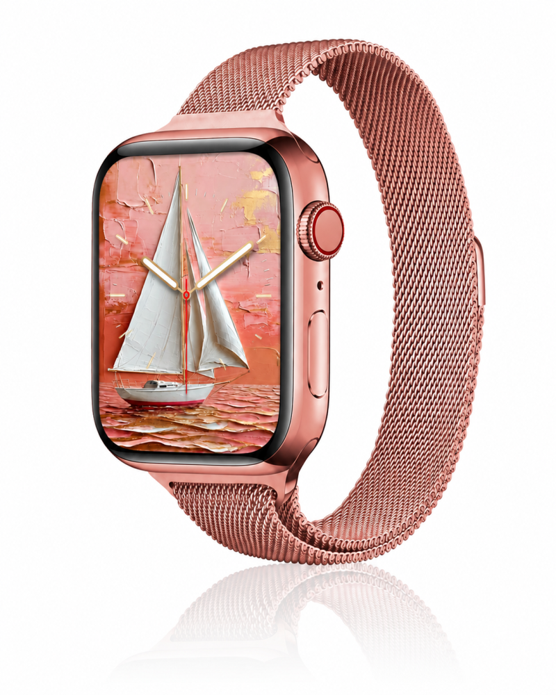 Model wearing Rose Pink Aurora Slim Milanese Band for Apple Watch Apple Watch band