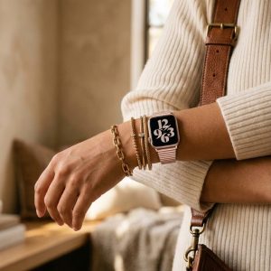 Model wearing Rose Pink Havana Stainless Steel Band for Apple Watch Apple Watch band