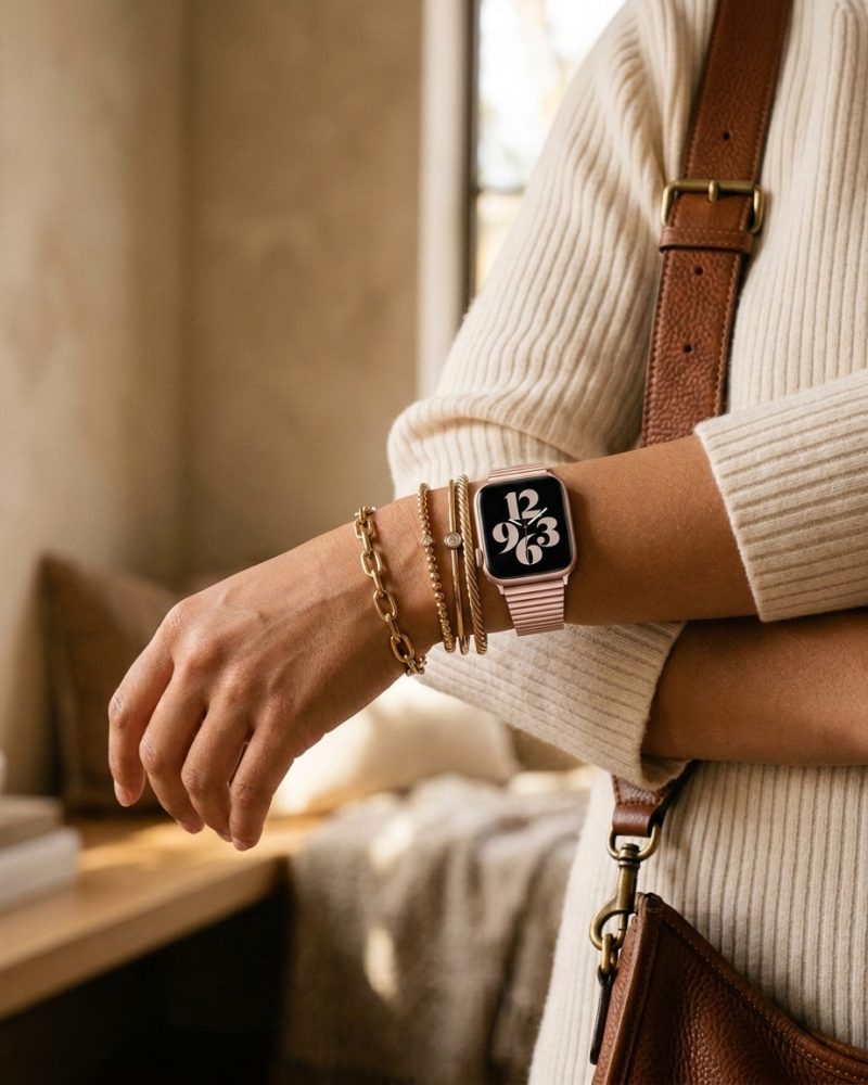 Model wearing Rose Pink Havana Stainless Steel Band for Apple Watch Apple Watch band