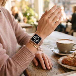 Model wearing Rose Pink Havana Stainless Steel Band for Apple Watch Apple Watch band