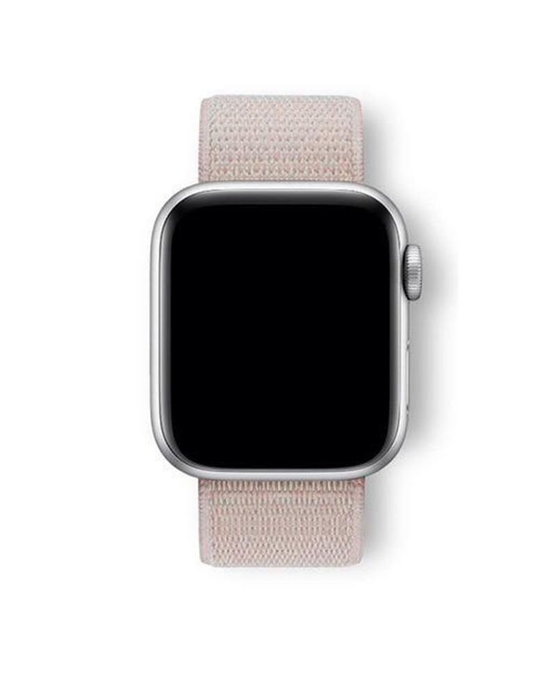 Rose pink woven nylon sport loop Apple Watch band with silver case