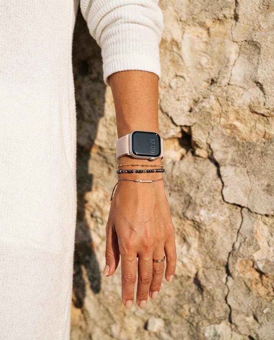 Model wearing Rose Pink Sport Loop For Apple Watch Apple Watch band