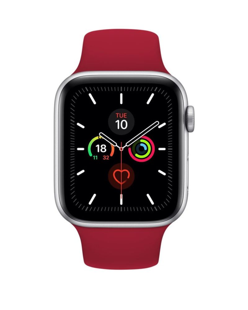 Rose red silicone Apple Watch sport band with silver aluminum case.