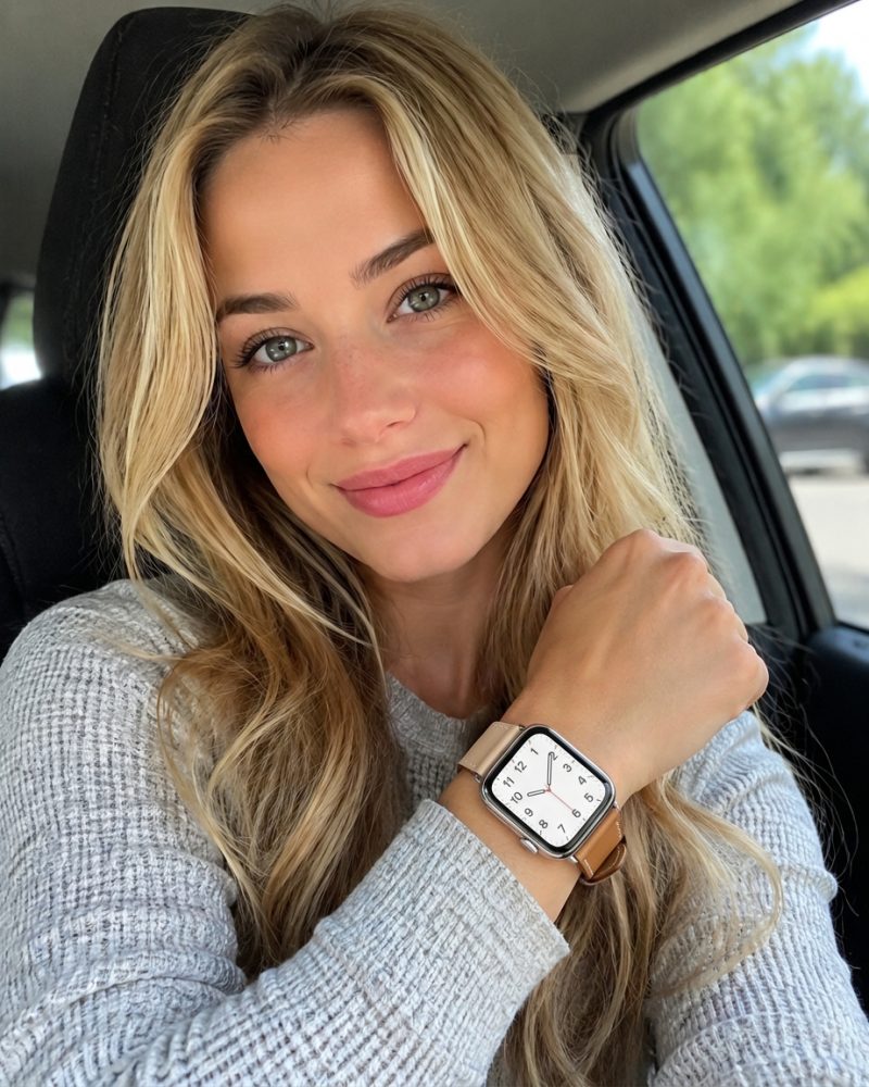 Model wearing Rose Sakura/Craie/Argile Single Tour Leather for Apple Watch Apple Watch band