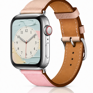 Model wearing Rose Sakura/Craie/Argile Single Tour Leather for Apple Watch Apple Watch band