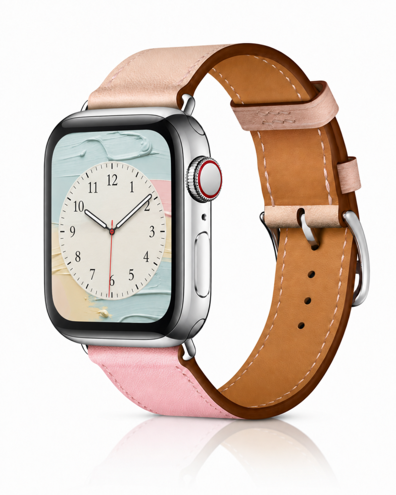 Model wearing Rose Sakura/Craie/Argile Single Tour Leather for Apple Watch Apple Watch band