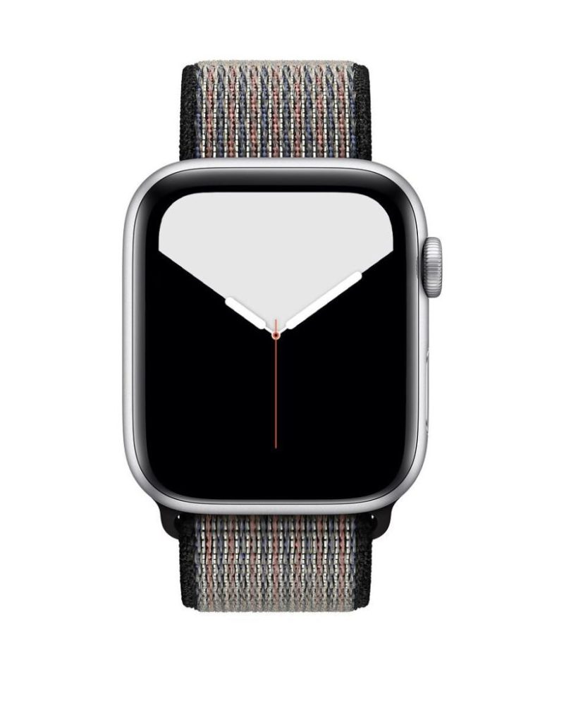 Multicolor woven nylon Sport Loop band on silver Apple Watch case