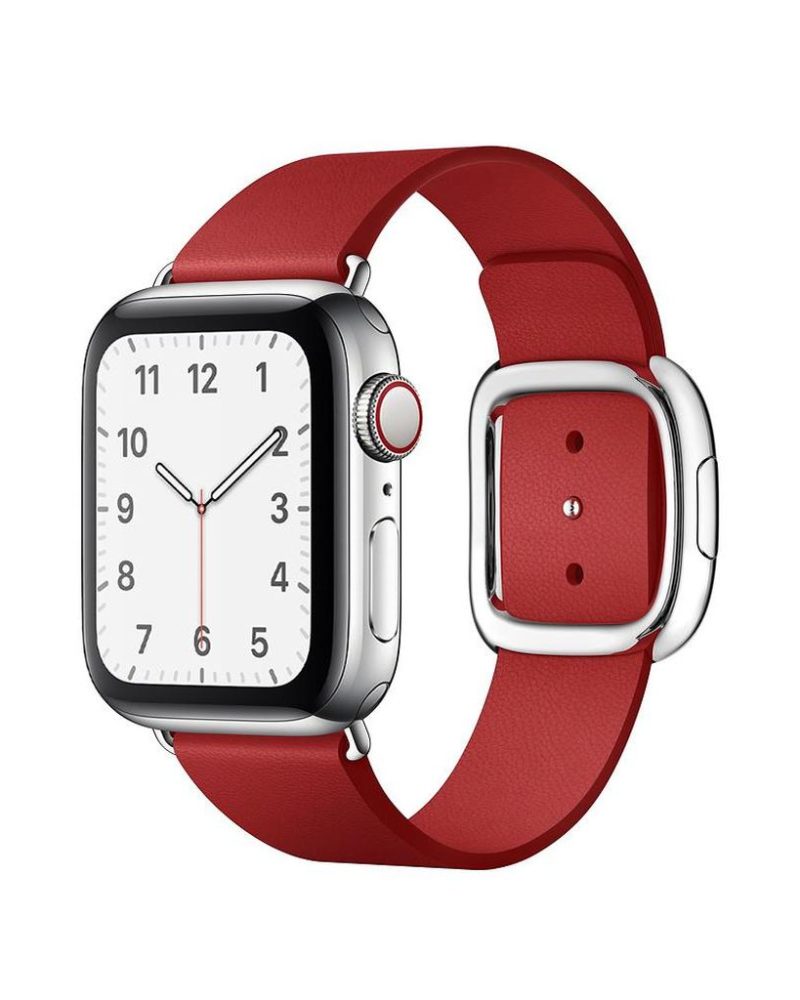 Ruby red leather Apple Watch band with polished silver modern buckle clasp