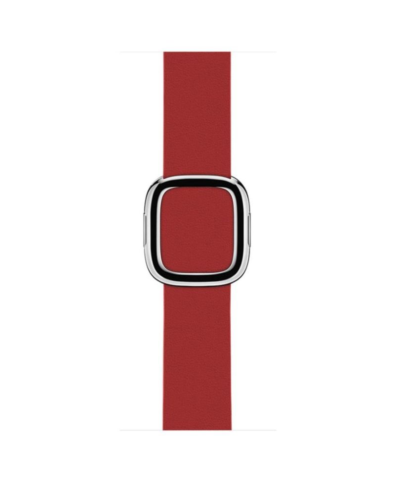 Ruby red leather Apple Watch band with polished silver modern buckle clasp
