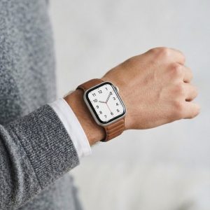 Model wearing Saddle Brown Leather Link Band for Apple Watch Apple Watch band