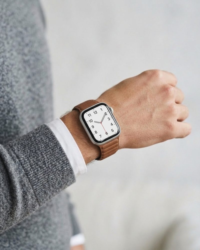 Model wearing Saddle Brown Leather Link Band for Apple Watch Apple Watch band