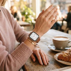 Model wearing Saddle Brown Leather Link Band for Apple Watch Apple Watch band