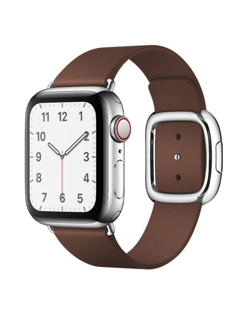 Saddle brown leather Apple Watch band with silver modern buckle clasp