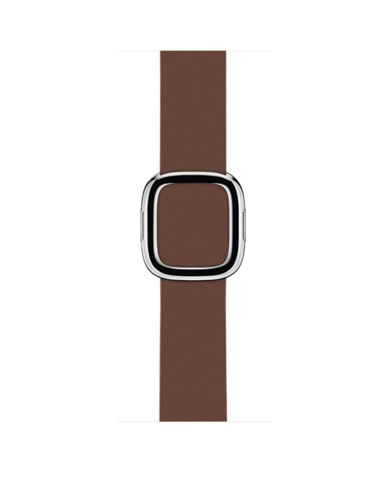Saddle brown leather Apple Watch band with polished silver modern buckle clasp