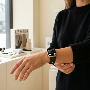 Model wearing Shakira Leather Band with Gold Studs for Apple Watch in Black Apple Watch band