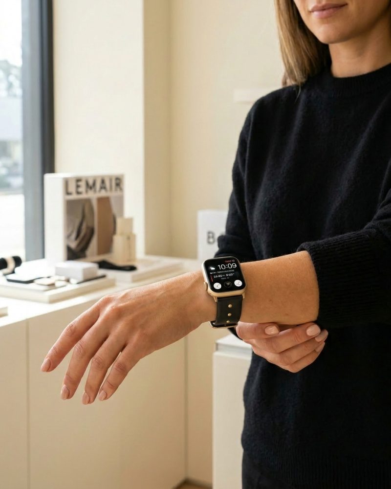 Model wearing Shakira Leather Band with Gold Studs for Apple Watch in Black Apple Watch band