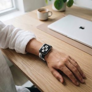 Model wearing Silver Fern Black White Braided Loop Band for Apple Watch Apple Watch band