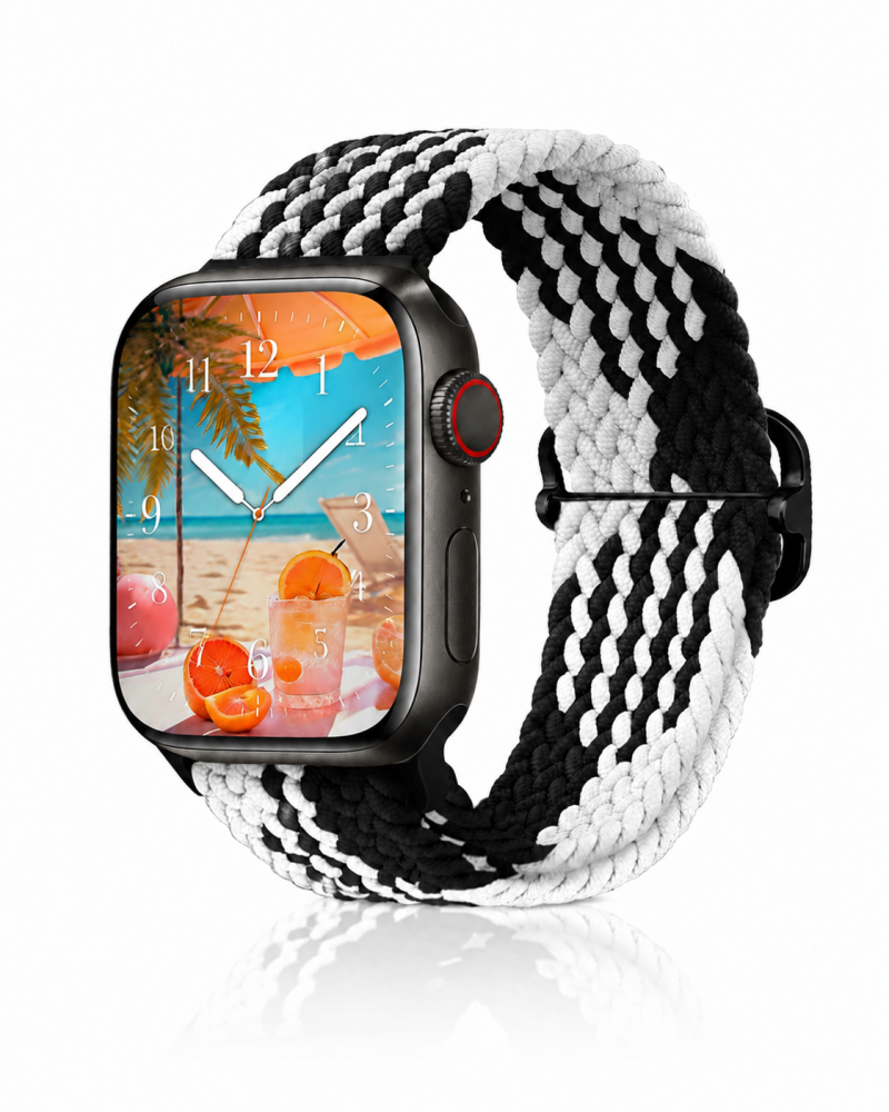 Model wearing Silver Fern Black White Braided Loop Band for Apple Watch Apple Watch band