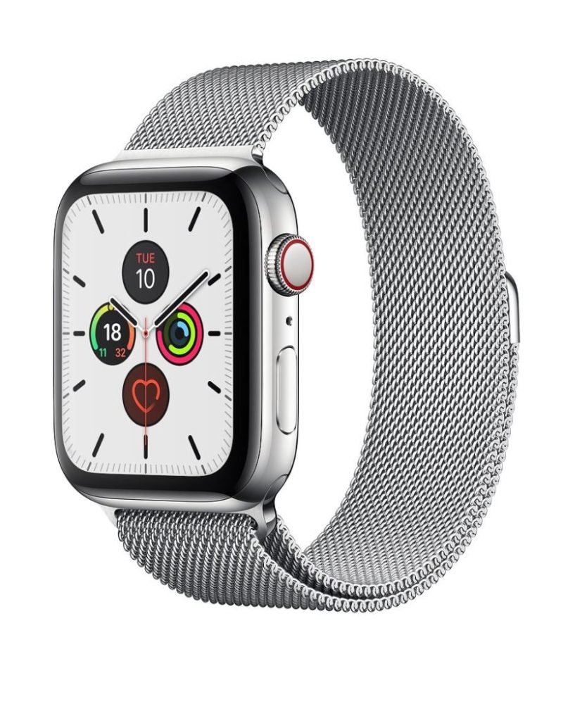 Silver stainless steel Milanese Loop Apple Watch band with mesh weave design