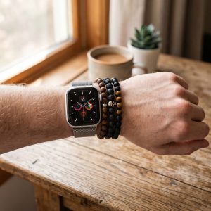Model wearing Silver Milanese Loop for Apple Watch Apple Watch band