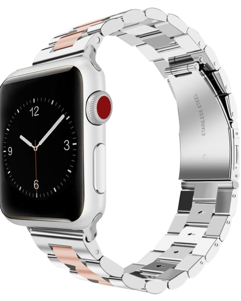 Silver and rose gold stainless steel link band for Apple Watch with folding clasp