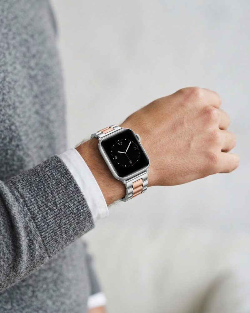 Model wearing Silver Rose Gold Stainless Steel Band for Apple Watch Apple Watch band