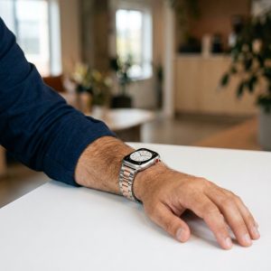 Model wearing Silver Rose Gold Stainless Steel Band for Apple Watch Apple Watch band