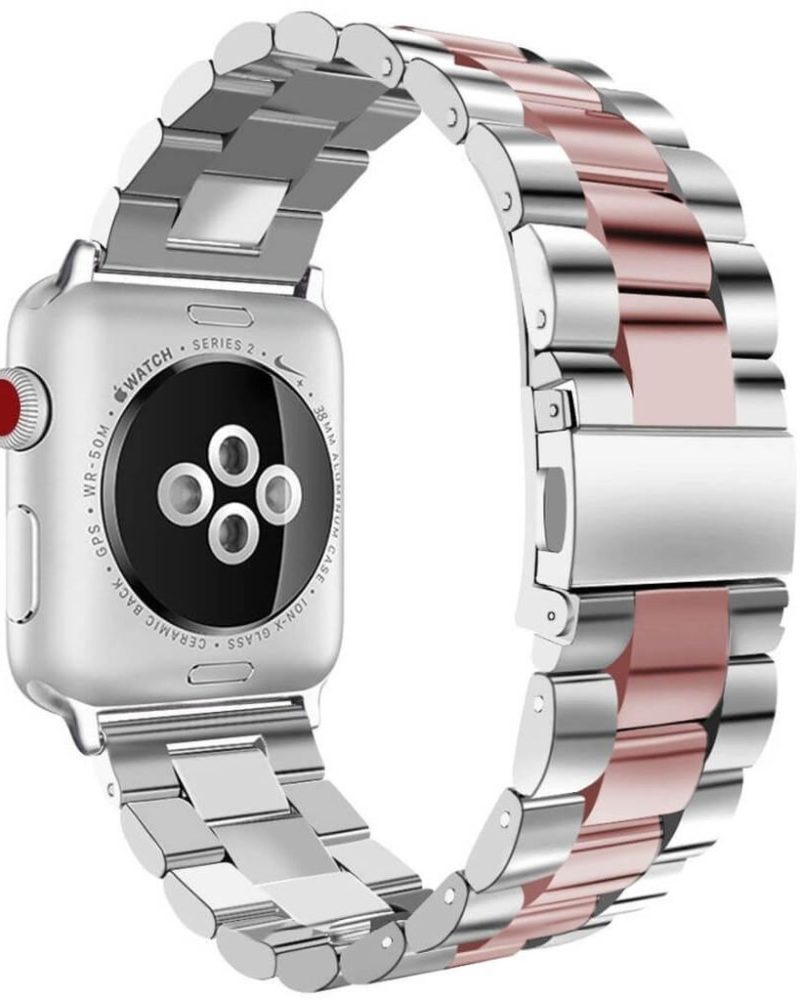 Silver and rose pink stainless steel link band for Apple Watch rear view