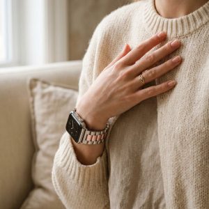 Model wearing Silver Rose Pink Stainless Steel Band for Apple Watch Apple Watch band