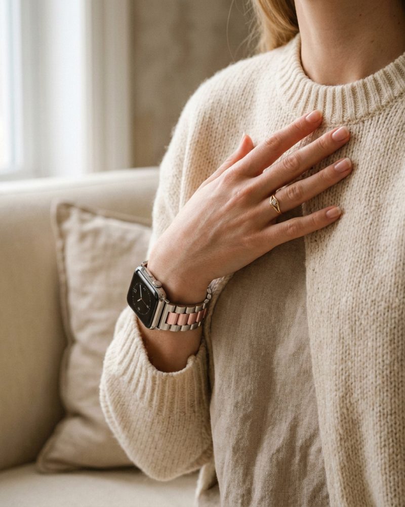 Model wearing Silver Rose Pink Stainless Steel Band for Apple Watch Apple Watch band