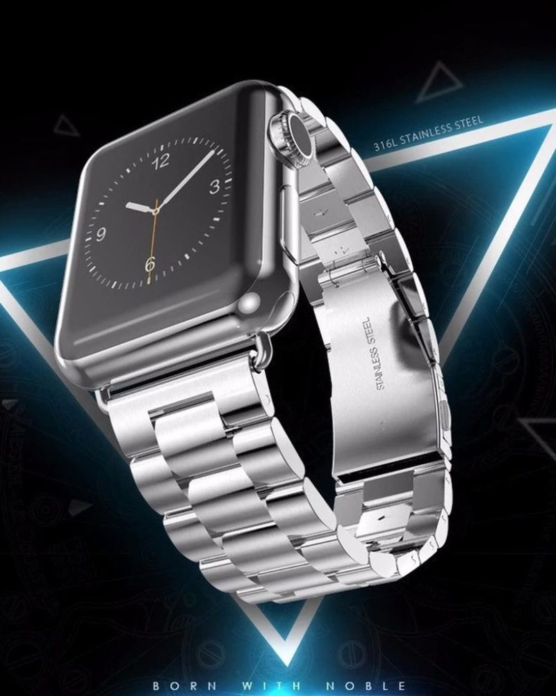 Silver stainless steel link bracelet band for Apple Watch with folding clasp