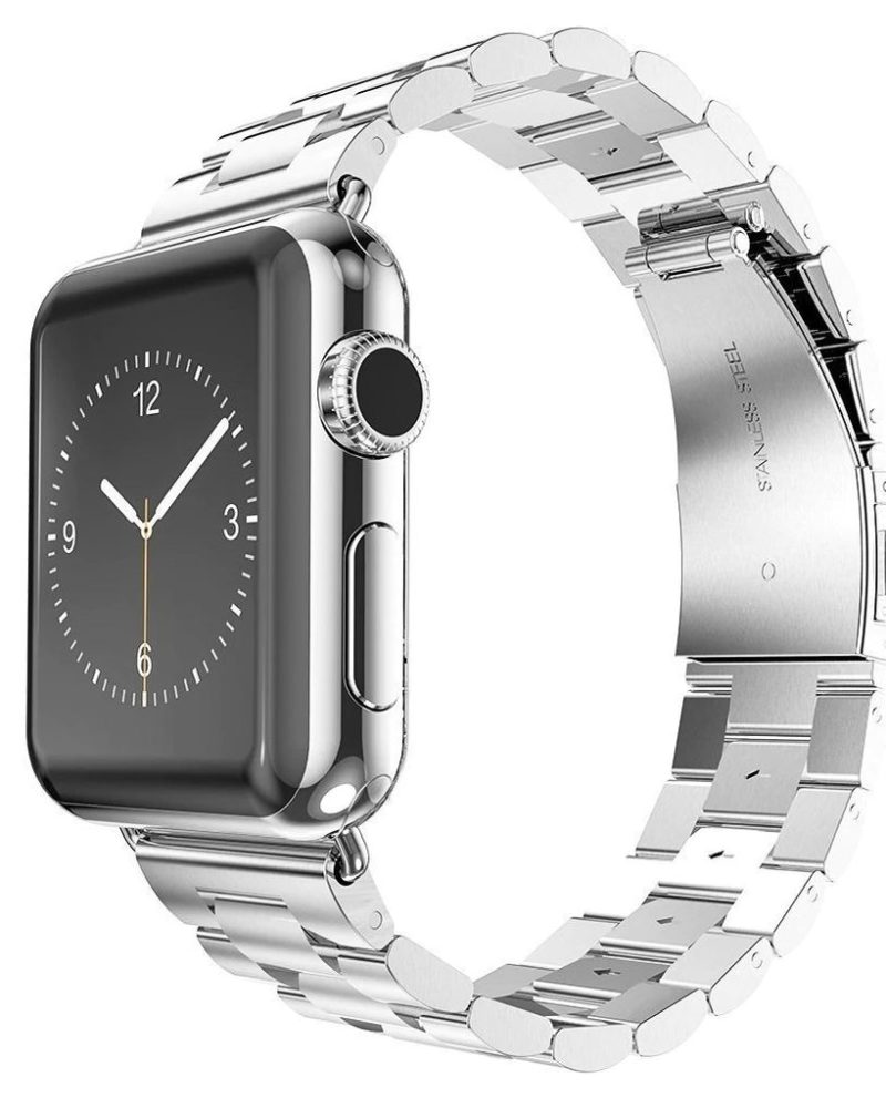 Silver stainless steel link bracelet band for Apple Watch with polished finish