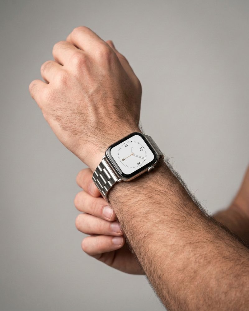 Model wearing Silver Stainless Steel Band for Apple Watch Apple Watch band