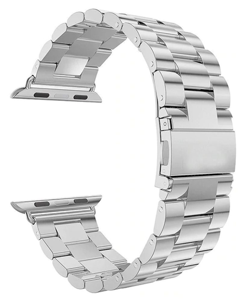 Silver stainless steel Apple Watch band with three-link bracelet design and butterfly clasp
