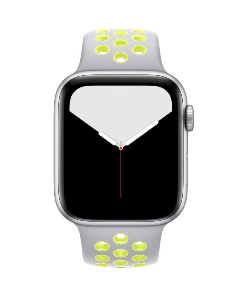 Silver and volt yellow perforated silicone sport band on Apple Watch