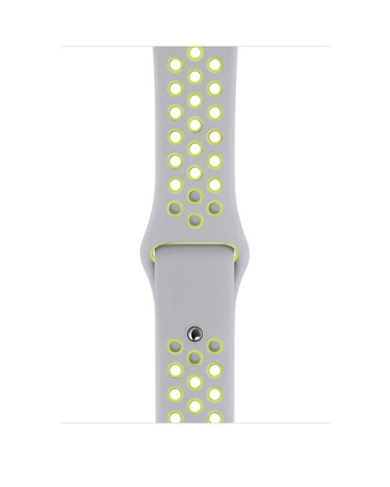 Silver and volt yellow perforated silicone Apple Watch sport band with pin-and-tuck closure