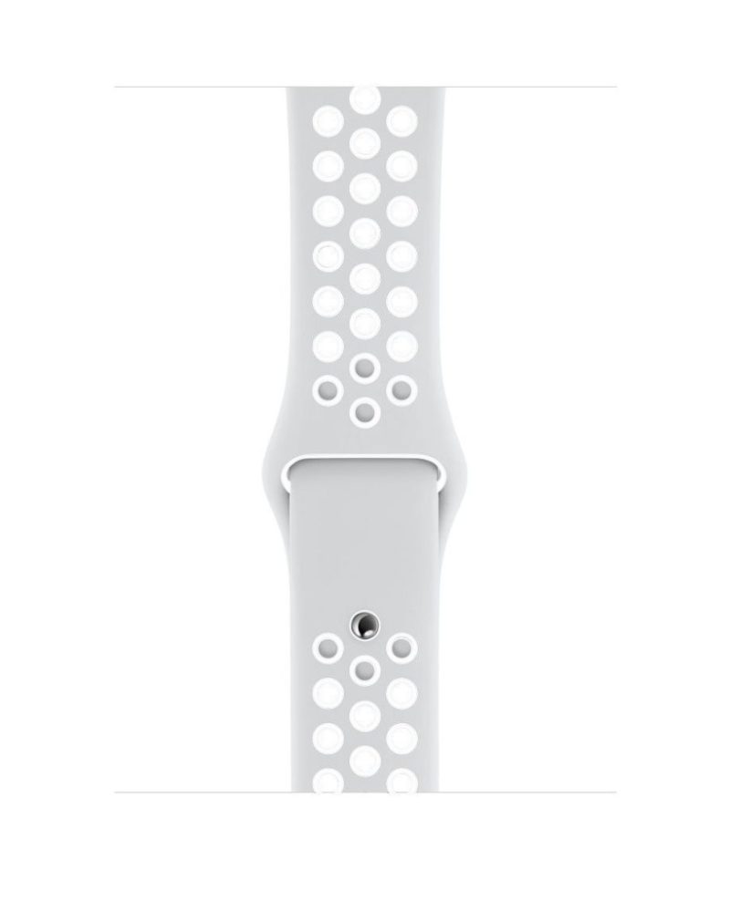 Silver and white perforated silicone sport band for Apple Watch with pin-and-tuck closure