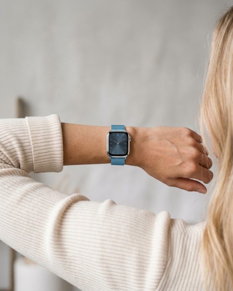 Model wearing Sky Blue Milanese Loop for Apple Watch Apple Watch band