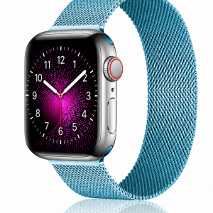 Model wearing Sky Blue Milanese Loop for Apple Watch Apple Watch band