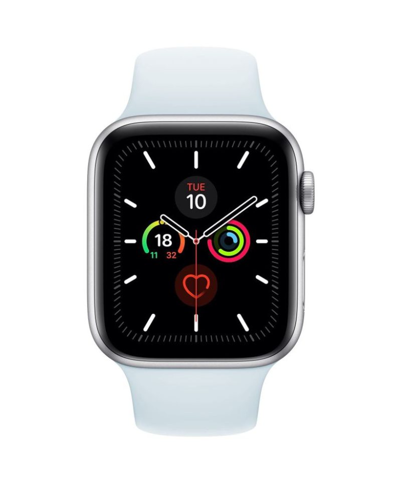 Sky Blue silicone sport band on silver Apple Watch with activity rings