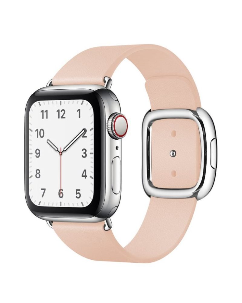 Soft pink leather Apple Watch band with silver modern buckle clasp